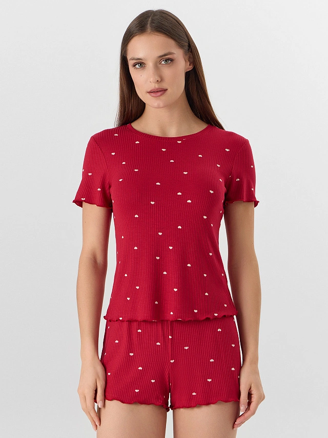 Комплект домашний женский красный с принтом в сердечко - 3