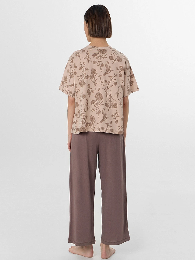 Комплект домашний женский коричневый с цветочным принтом - 3