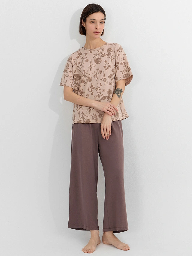 Комплект домашний женский коричневый с цветочным принтом - 6