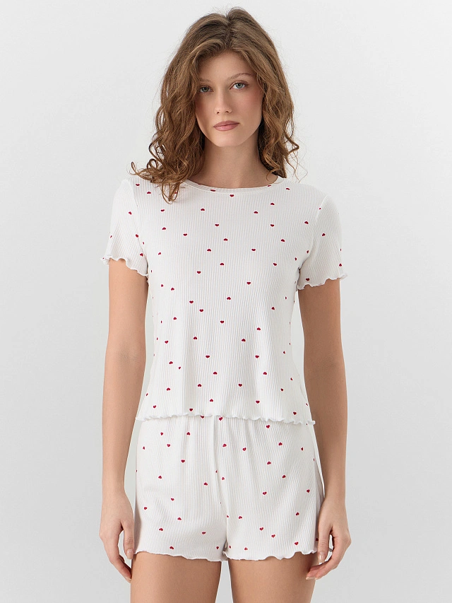 Комплект домашний женский белый с принтом в сердечко - 4