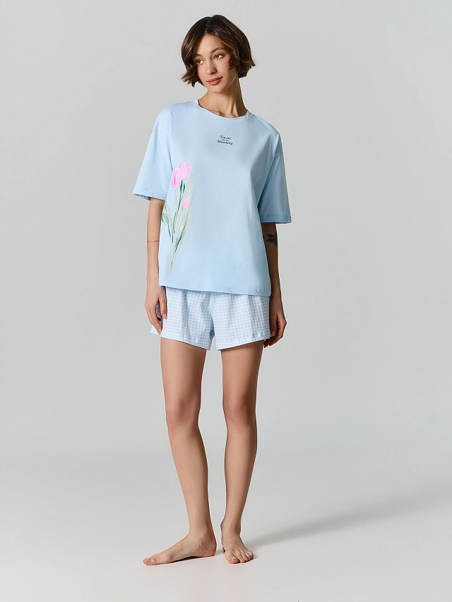 Комплект домашний женский голубой: футболка и шорты - 3