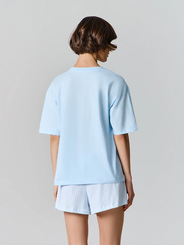 Комплект домашний женский голубой: футболка и шорты - 4