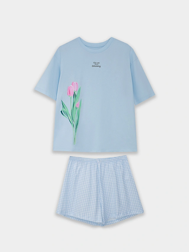 Комплект домашний женский голубой: футболка и шорты - 5