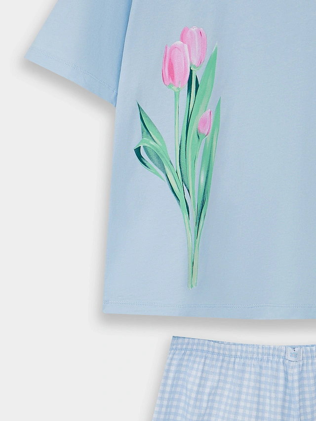 Комплект домашний женский голубой: футболка и шорты - 7