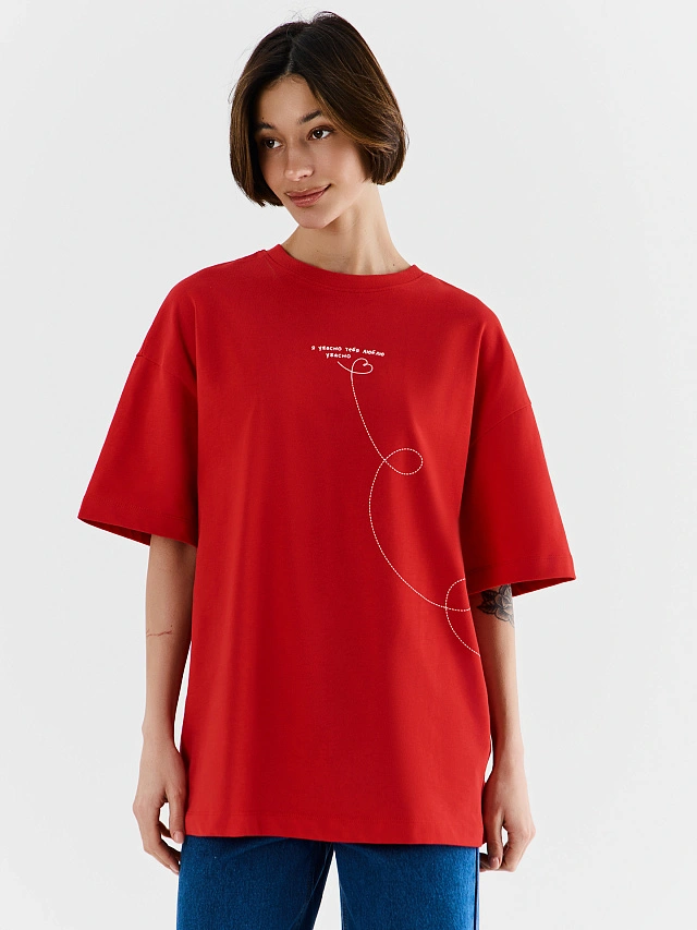 Футболка женская оверсайз красная с надписью "Я ужасно тебя люблю ужасно" - 4