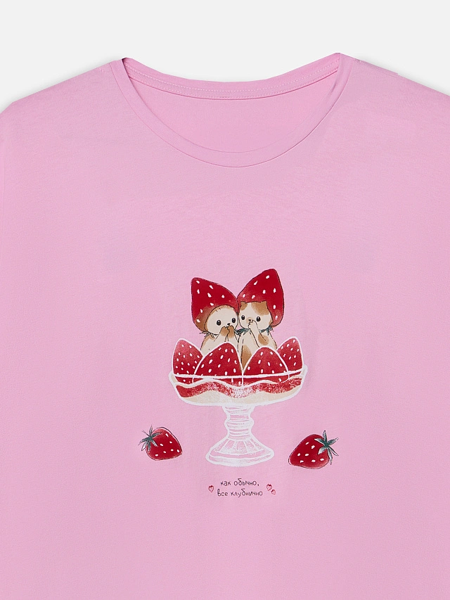 Туника домашняя женская розовая с надписью "Как обычно, все клубнично" - 6