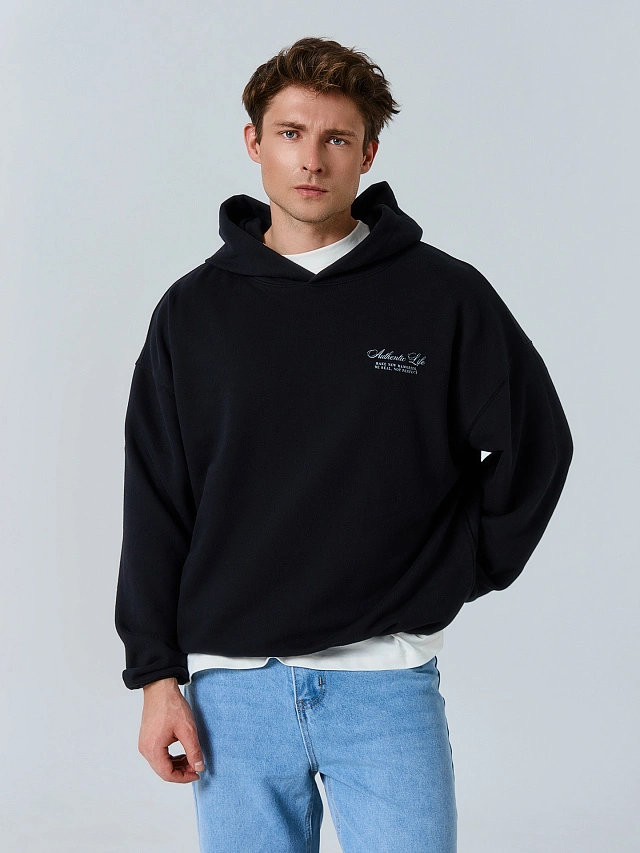 Теплое худи мужское черное с начесом - 3