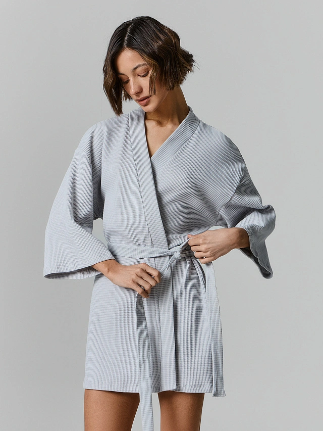 Халат женский серый вафельный - 2