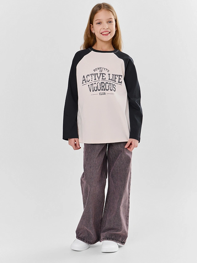 Джемпер для девочек бежевый с контрастными рукавами - 3