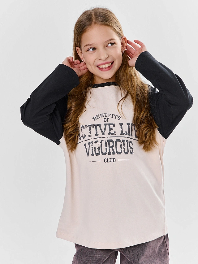 Джемпер для девочек бежевый с контрастными рукавами - 5