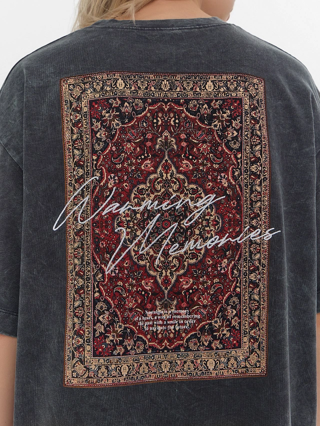 Футболка оверсайз женская серая с принтом винтажного ковра - 7