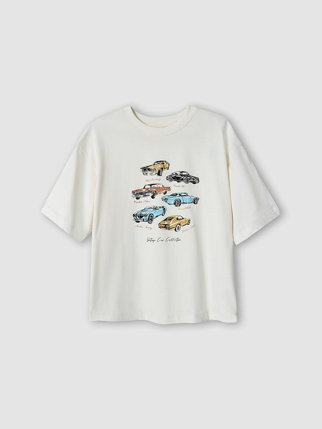 Футболка оверсайз женская молочная с принтом винтажных авто - 5