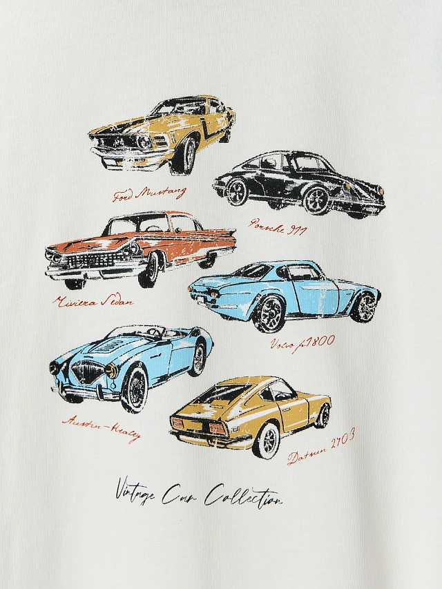Футболка оверсайз женская молочная с принтом винтажных авто - 7
