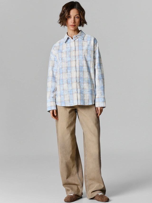 Рубашка женская бежевая в клетку - 3