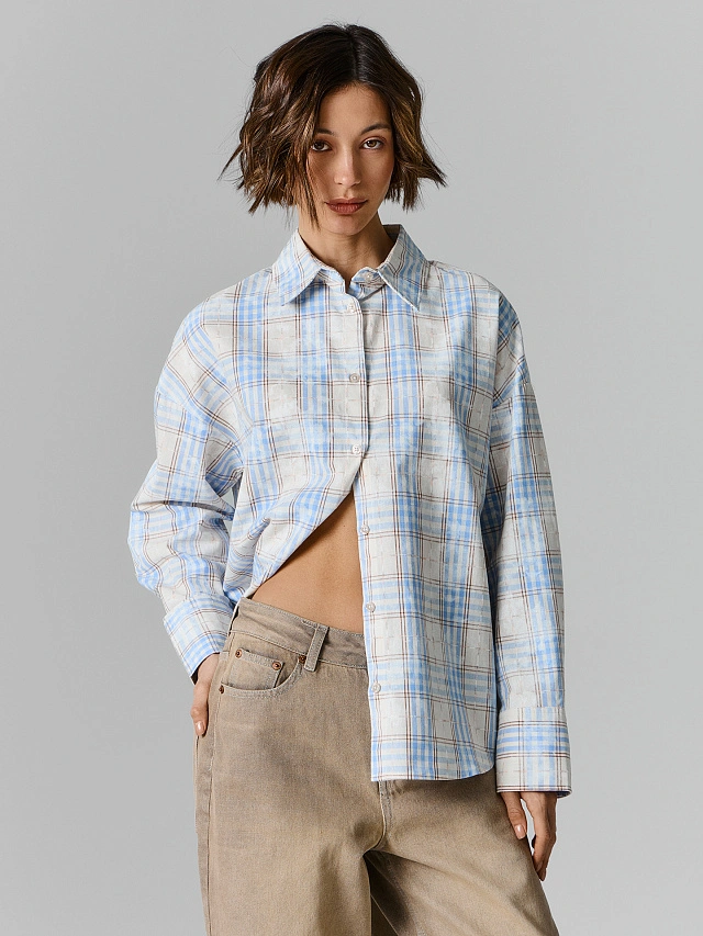 Рубашка женская бежевая в клетку - 5