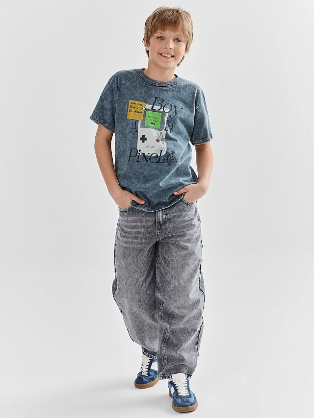 Футболка для мальчиков серая с принтом и обработкой эйсид - 3