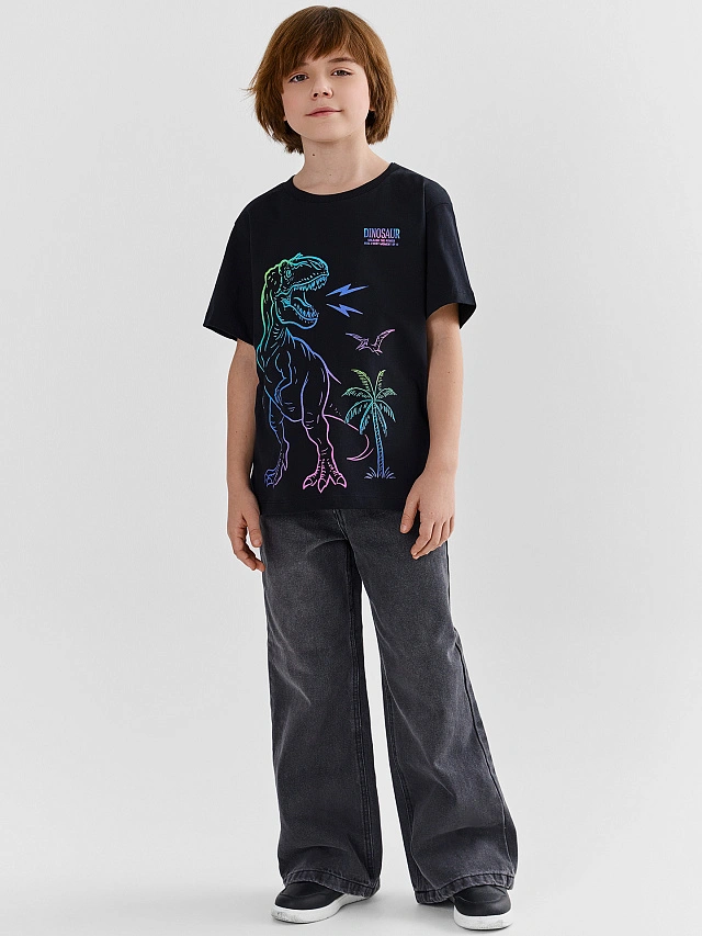 Футболка для мальчиков черная с принтом динозавра - 3