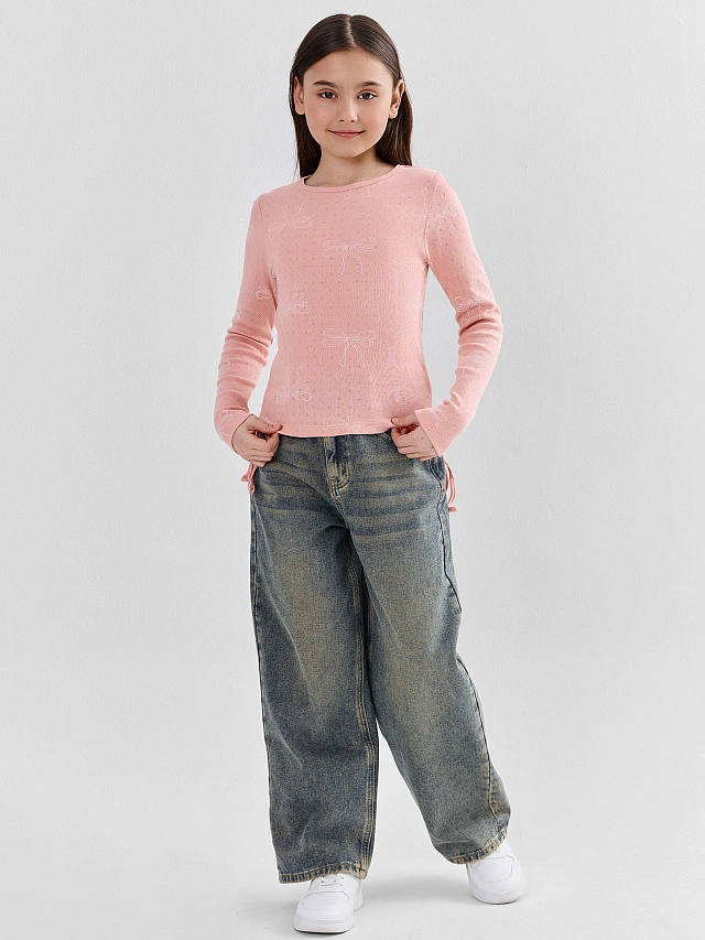 Джемпер для девочек розовый с принтом бантиков прилегающего силуэта - 3