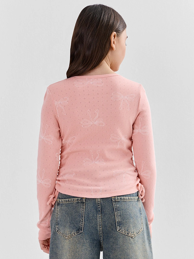 Джемпер для девочек розовый с принтом бантиков прилегающего силуэта - 4