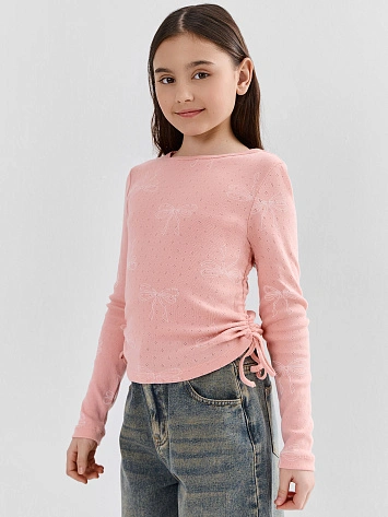 Джемпер для девочек розовый с принтом бантиков прилегающего силуэта