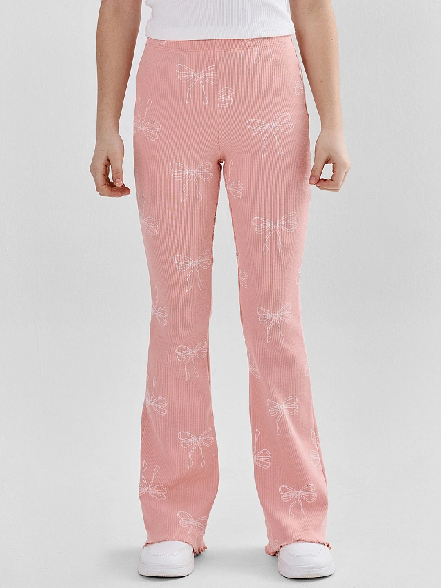 Леггинсы для девочек розовые в рубчик с принтом бантиков - 3