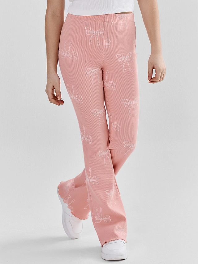 Леггинсы для девочек розовые в рубчик с принтом бантиков - 4