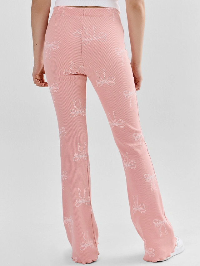 Леггинсы для девочек розовые в рубчик с принтом бантиков - 5