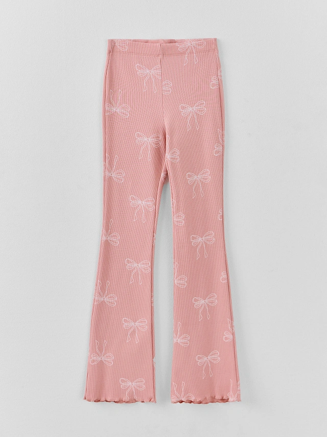 Леггинсы для девочек розовые в рубчик с принтом бантиков - 6