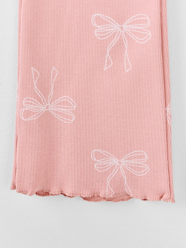 Леггинсы для девочек розовые в рубчик с принтом бантиков - 7