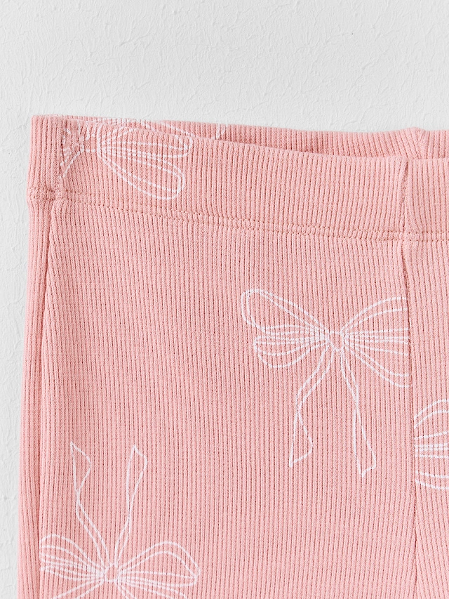 Леггинсы для девочек розовые в рубчик с принтом бантиков - 8