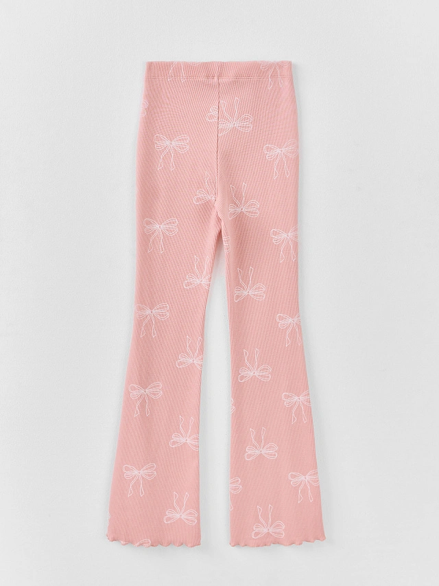 Леггинсы для девочек розовые в рубчик с принтом бантиков - 9