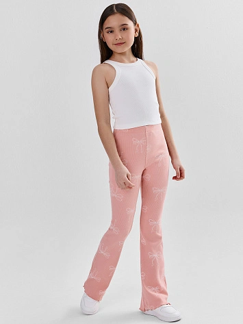 Леггинсы для девочек розовые в рубчик с принтом бантиков