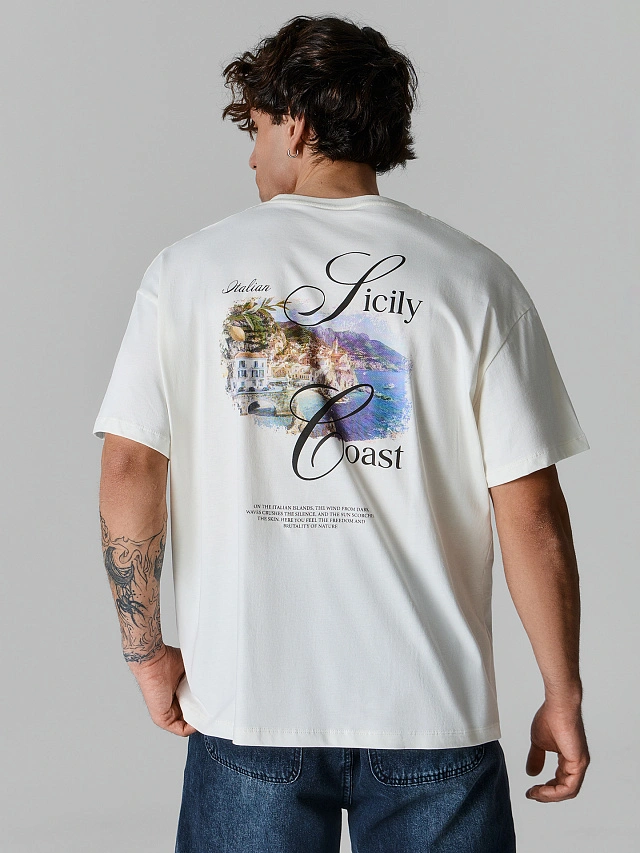 Футболка мужская бежевая с принтом на спине из 100% хлопка - 4