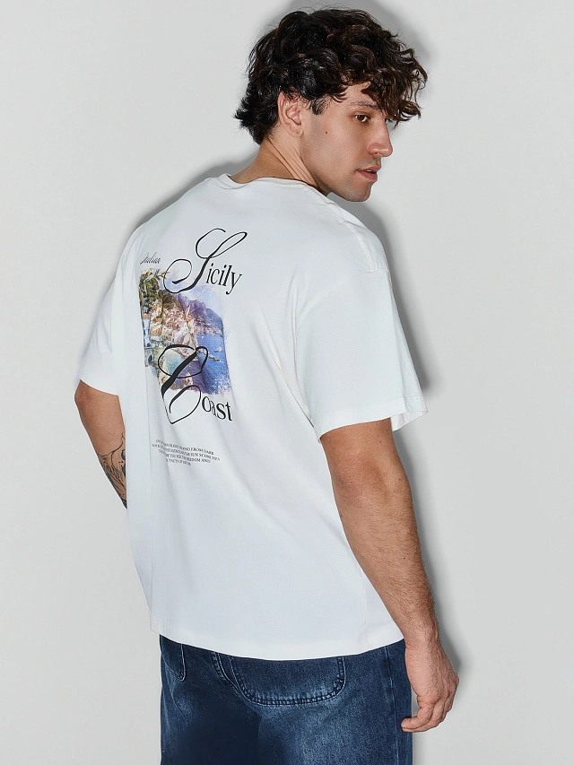 Футболка мужская бежевая с принтом на спине из 100% хлопка - 5