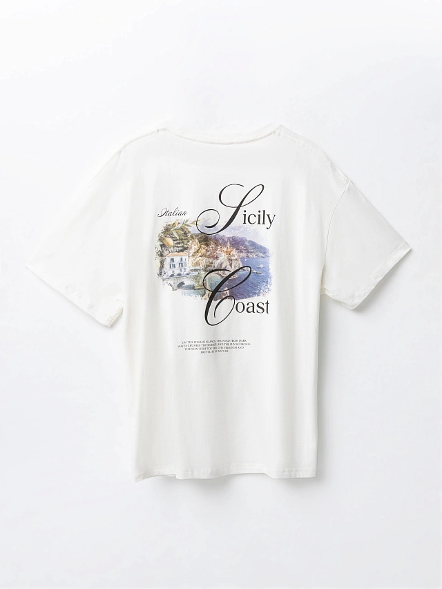 Футболка мужская бежевая с принтом на спине из 100% хлопка - 8