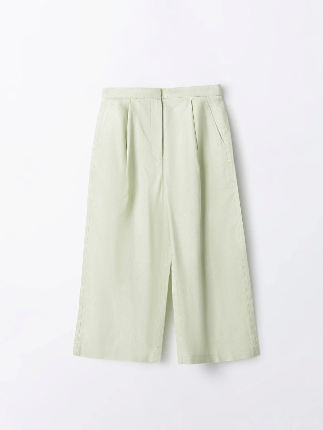 Брюки-кюлоты женские зеленые свободного кроя льняные - 4