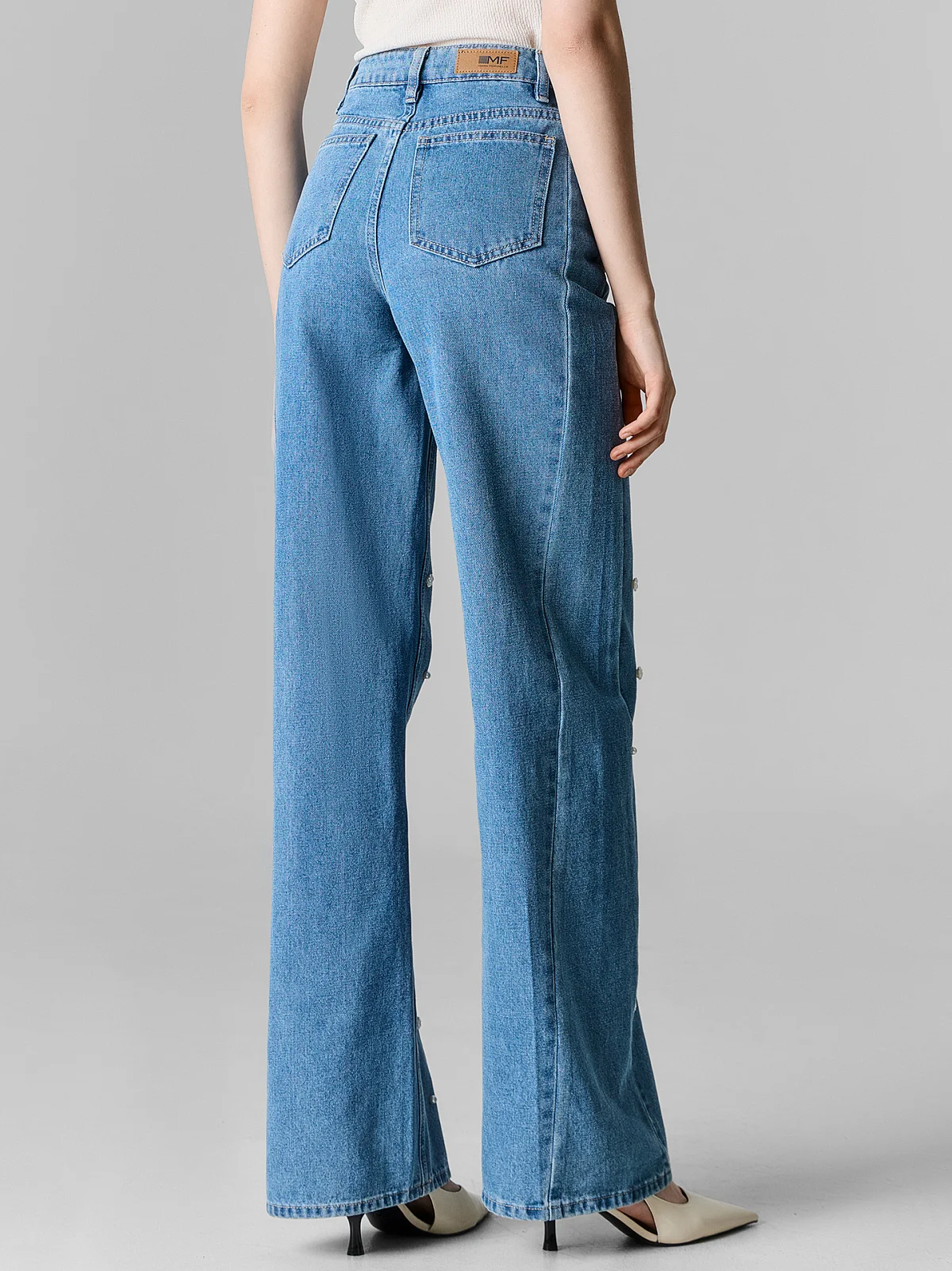 Джинсы Wide leg женские синие с декоративными элементами