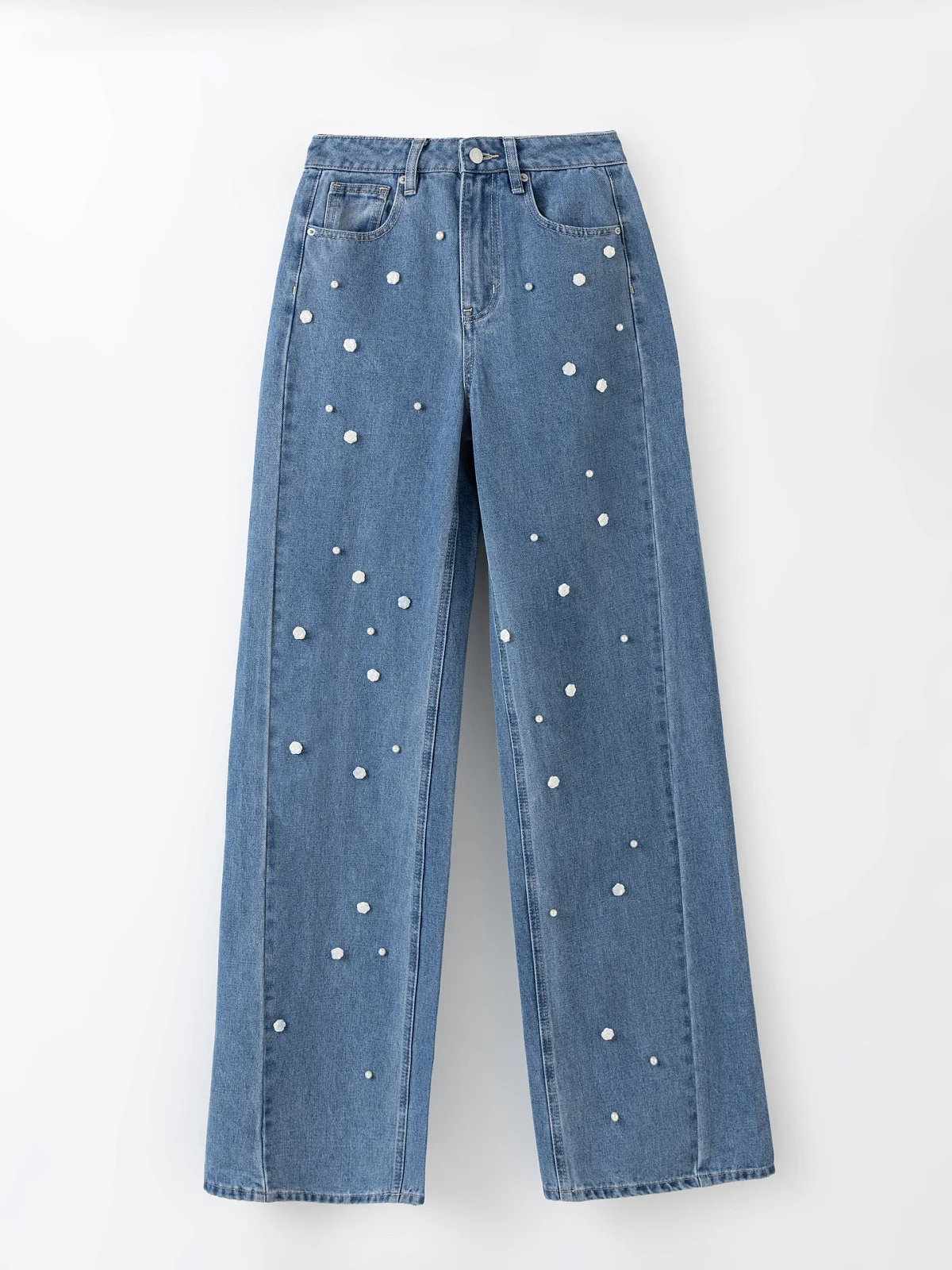 Джинсы Wide leg женские синие с декоративными элементами